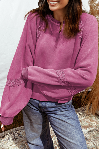 Jungle Green Lace Applique Notched Neck Mineral Wash Baggy Sweatshirt