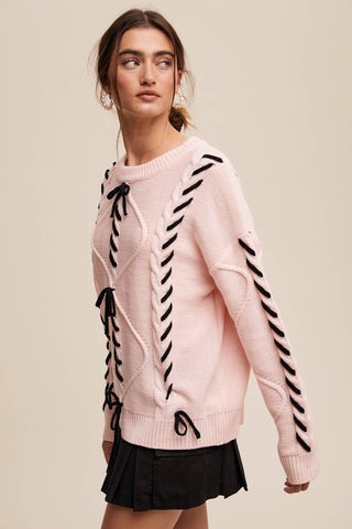 Sheer Trend - Ribbon Laced Cable Knit Sweater