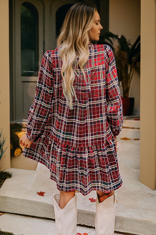 Green Plaid Print Frilly Collar Long Sleeve Shift Mini Dress