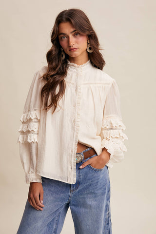 Listicle - Lace Ruffle Sleeve Pintuck Blouse LT1441