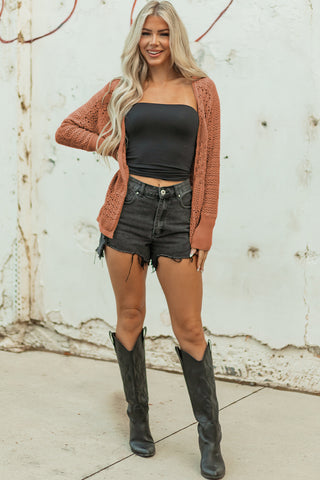 Redwood Burl Mix Pattern Hollowed Knit Open Front Cardigan