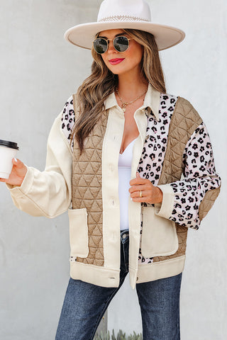 Khaki Leopard Waffle Quilted Patchwork Button Front Jacket