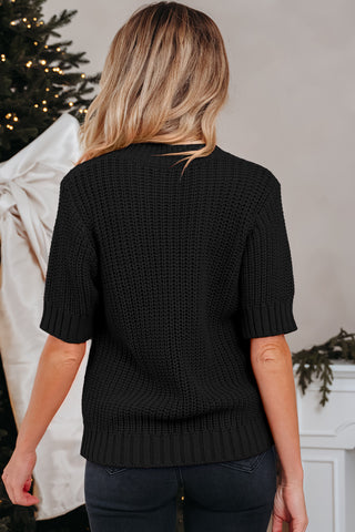 Black Plaid Lace up Detail Christmas Holiday Puff Short Sleeve Sweater