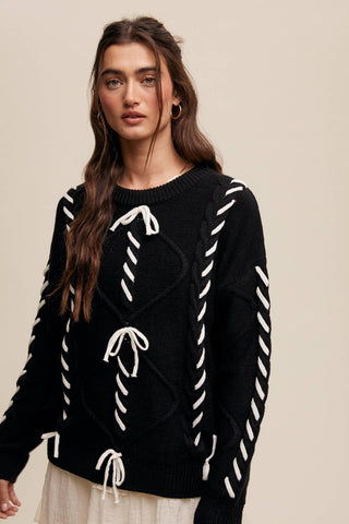Sheer Trend - Ribbon Laced Cable Knit Sweater