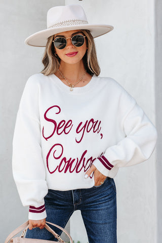 Coffee See You Cowboy Embroidered Western Graphic Sweater
