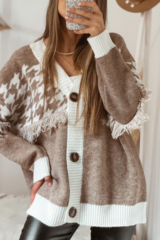 Khaki Houndstooth Colorblock V Neck Raw Edge Button Front Cardigan