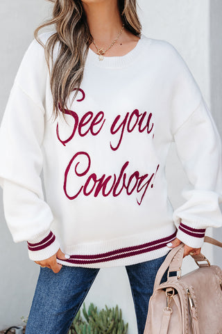 Coffee See You Cowboy Embroidered Western Graphic Sweater