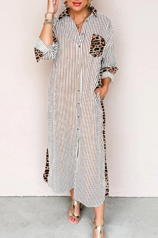 Brown Stripe Contrast Leopard Patchwork Shirt Dress