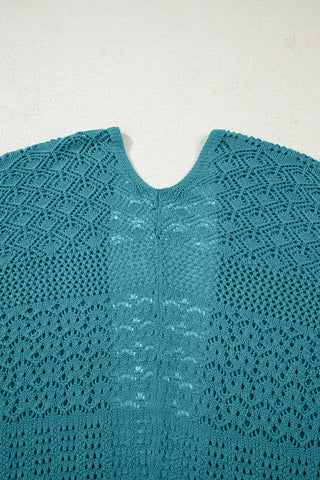 Lapis Mix Pattern Hollowed Knit Open Front Cardigan