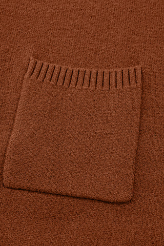 Chestnut Ribbed High Neck Front Pockets Center Seam Shift Sweater Dress