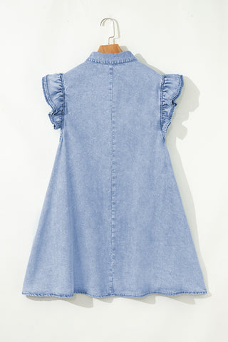 Beau Blue Double Ruffled Sleeves Buttoned A-line Collared Mini Denim Dress