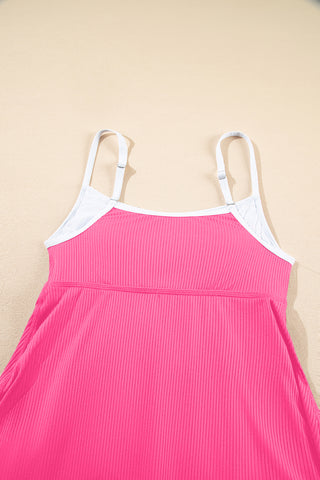 Blackish Green Color Block Edge Ribbed Pocketed Lined Swim Dress
