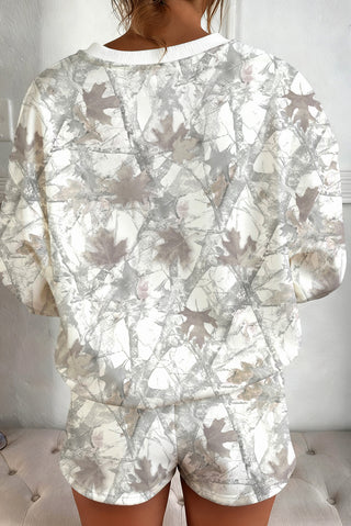 Light Grey Camouflage Print Round Neck Drop Sleeve Shorts Set