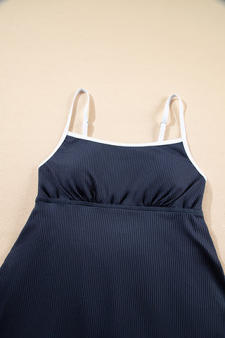 Blackish Green Color Block Edge Ribbed Pocketed Lined Swim Dress