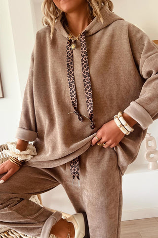 Parchment Drawstring Pullover Hoodie and High Waist Pants Corduroy Suit