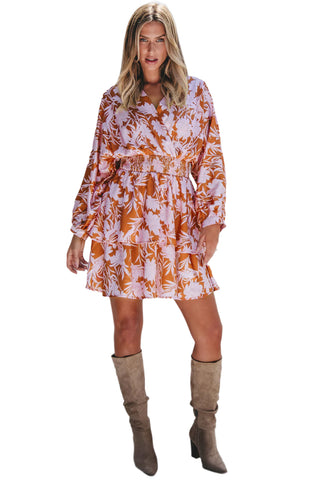 Brown Floral Puff Sleeve Smocked Waist Layered Dress