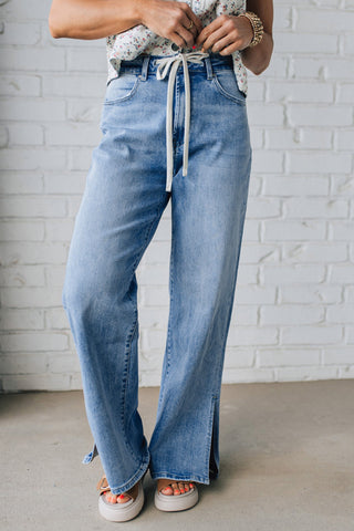 Myosotis Side Slit High Rise Drawstring Casual Jeans