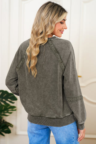 Jungle Green Lace Applique Notched Neck Mineral Wash Baggy Sweatshirt