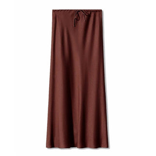 Sheer Trend - Solid Color High Waist Drawstring Belted Satin Maxi Skirt