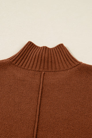 Chestnut Ribbed High Neck Front Pockets Center Seam Shift Sweater Dress