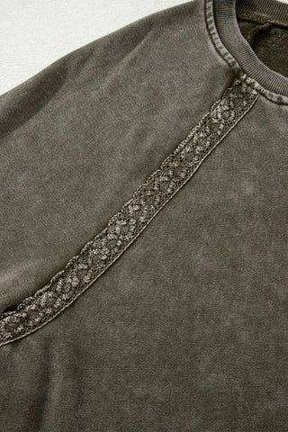 Jungle Green Lace Applique Notched Neck Mineral Wash Baggy Sweatshirt