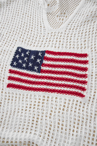Beau Blue Hollow Out Crochet Knit American Flag Patched Sweater Hoodie