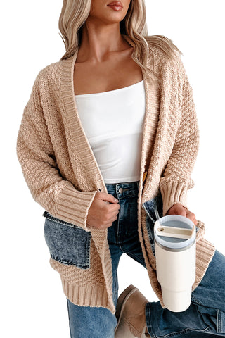 Smoke Gray Open Front Knitted Denim Pocket Patchwork Cardigan