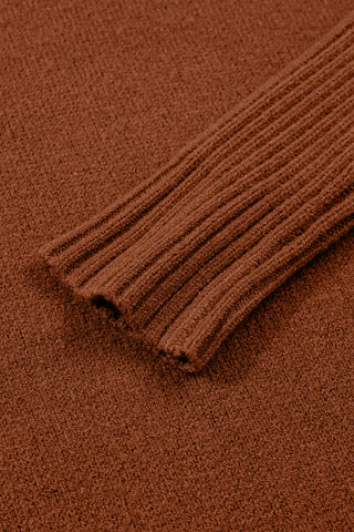 Chestnut Ribbed High Neck Front Pockets Center Seam Shift Sweater Dress