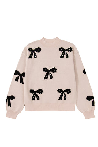 Blackish Green Pearl Embellished Bow Pattern Loose Sweater