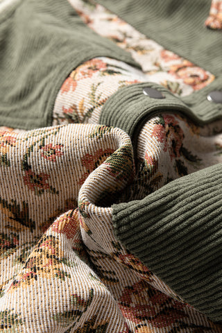 Sage Green Ribbed Retro Floral Patchwork Shirt Style Jacket