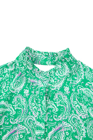 Green Paisley Print Long Sleeve Button Front Tied Waist Mini Dress