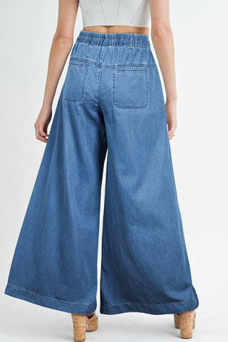 Dusk Blue Mineral Wash Button High Waist Wide Leg Jeans