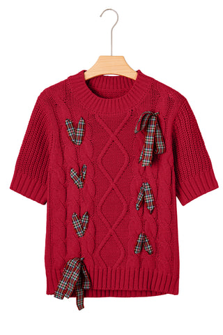 Black Plaid Lace-up Detail Christmas Holiday Puff Short Sleeve Sweater