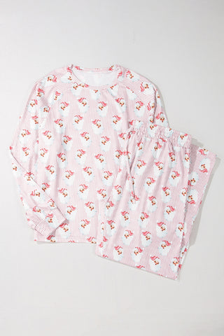 Pink Santa Claus Striped Print Loose Fit Two Piece Loungewear Set