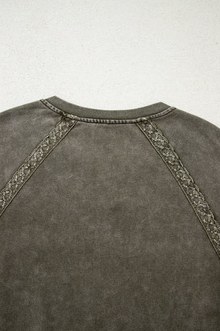 Jungle Green Lace Applique Notched Neck Mineral Wash Baggy Sweatshirt