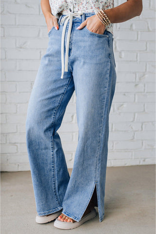 Myosotis Side Slit High Rise Drawstring Casual Jeans