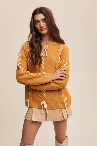 Sheer Trend - Ribbon Laced Cable Knit Sweater