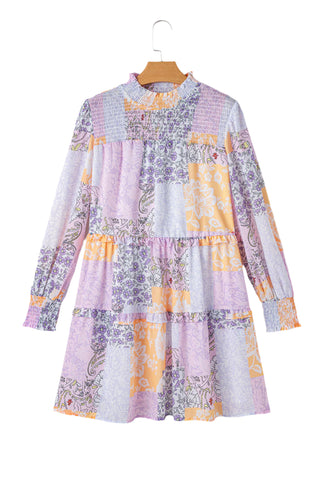 Multicolour Floral Smocked Mock Neck Ruffled Tiered Bubble Sleeve Dress