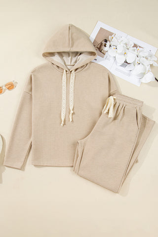 Parchment Drawstring Pullover Hoodie and High Waist Pants Corduroy Suit