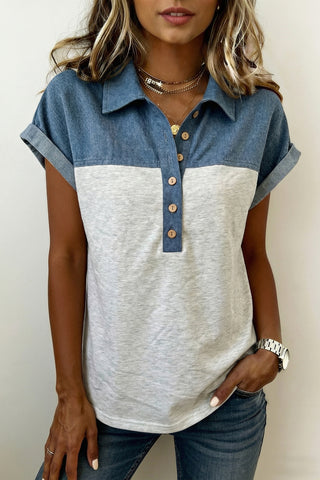 Light Grey Color Block Denim Patchwork Button Polo Collar Short Sleeve Top