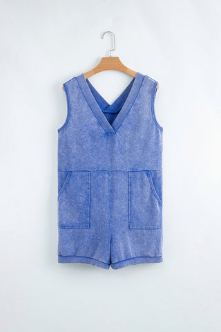 Sky Blue Mineral Wash Pocketed Sleeveless V Neck Loose Romper