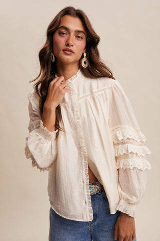 Listicle - Lace Ruffle Sleeve Pintuck Blouse LT1441
