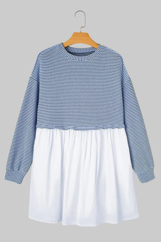 Sky Blue Stripe Patchwork Pleated High Waist Loose Mini Dress