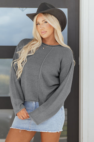 Medium Grey Raw Edge Uneven Hem Patchwork Drop Shoulder Sweater