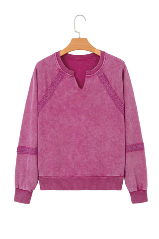 Jungle Green Lace Applique Notched Neck Mineral Wash Baggy Sweatshirt