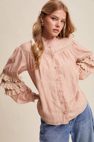 Listicle - Lace Ruffle Sleeve Pintuck Blouse LT1441