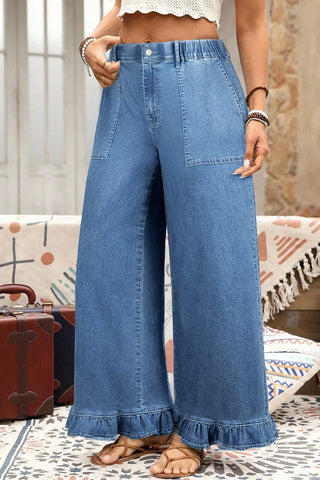 Sail Blue Plus Size Elastic Waist Ruffled Wide Leg Denim Pants