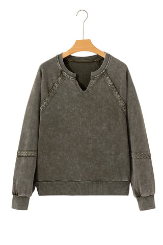 Jungle Green Lace Applique Notched Neck Mineral Wash Baggy Sweatshirt