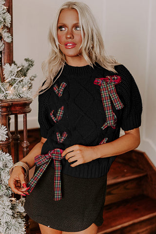Black Plaid Lace up Detail Christmas Holiday Puff Short Sleeve Sweater