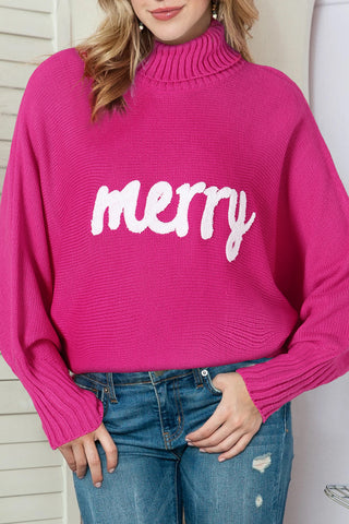 Fiery Red Merry Letter Embroidered High Neck Sweater